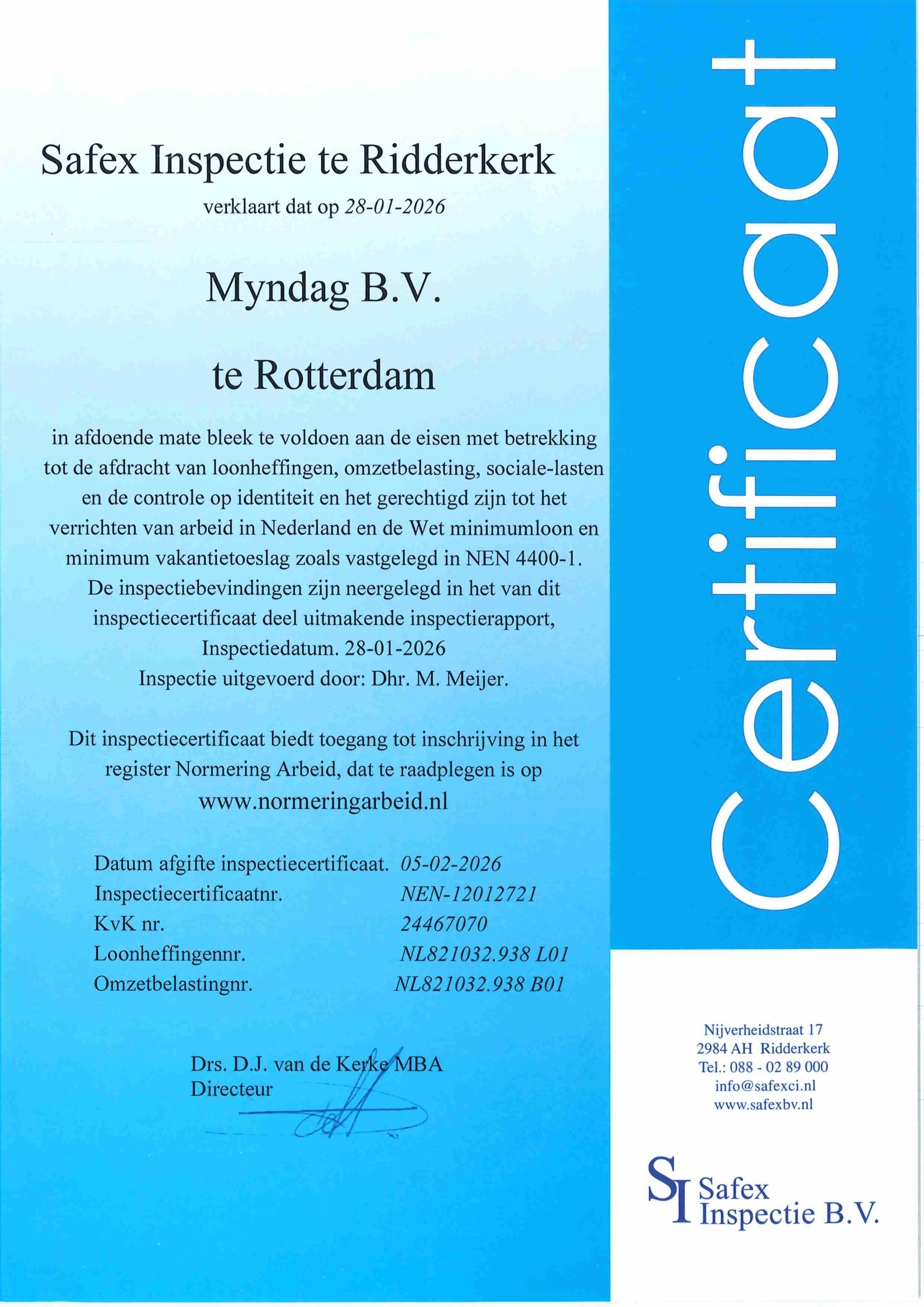 Safex Inspectie NEN 4400-1 Certificaat - Myndag B.V. (28-01-2026)
